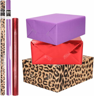 6x Rollen kraft inpakpapier pakket dierenprint/metallic rood en paars 200 x 70/50 cm - Cadeaupapier