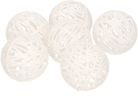 6x Rotan kerstballen wit met glitters 5 cm kerstboomversiering