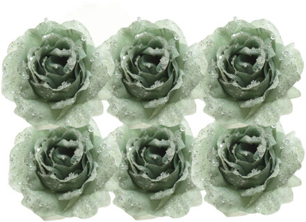 6x Salie groene decoratie bloemen rozen op clip 14 cm - Kerstversiering/woondeco/knutsel/hobby bloemetjes/roosjes