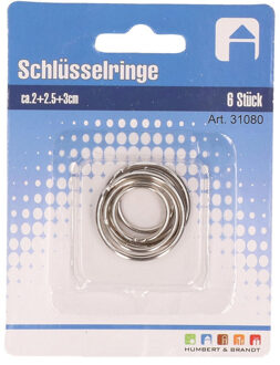 6x Sleutelringen metaal 2/2,5/3 cm