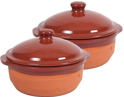 6x Stenen ovenschalen met deksel bruin 20 cm - Terracotta ovenschalen/braadpannen - pannetjes voor 1 persoon