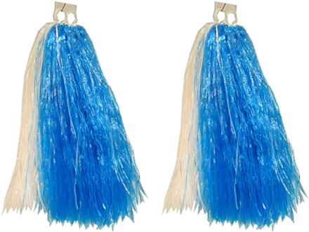 6x Stuks cheerball/pompom - blauw/wit - met ringgreep - 33 cm - Cheerleader verkleed accessoires