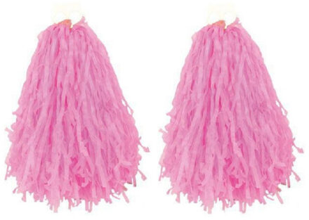 6x Stuks cheerball/pompom met ringgreep - roze - 28 cm - Cheerleader verkleed accessoires
