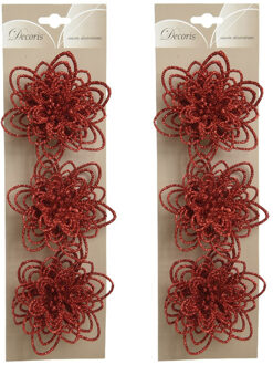 6x stuks decoratie bloemen rood glitter op clip 11 cm - Kunstbloemen