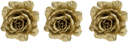 6x stuks decoratie bloemen roos goud glitter op clip 10 cm - Kunstbloemen Goudkleurig