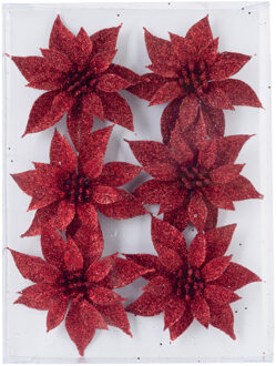 6x stuks decoratie bloemen rozen rood glitter op ijzerdraad 8 cm