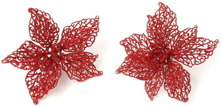 6x stuks decoratie kerststerren bloemen rood glitter op clip 18 cm