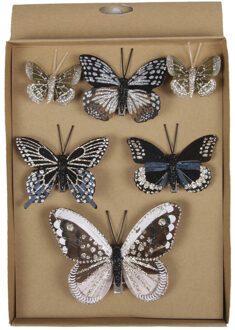 6x stuks Decoratie vlinders op clip 5, 8, 12 cm