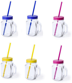 6x stuks drink potjes van glas Mason Jar geel/blauw/roze 500 ml - Drinkbekers