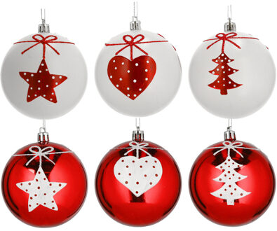 6x stuks gedecoreerde kerstballen rood en wit kunststof 6 cm - Kerstbal