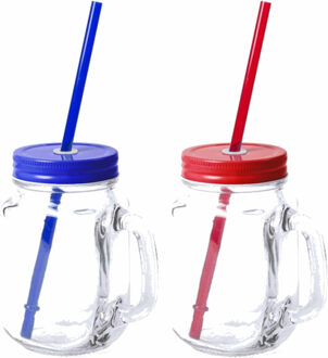 6x stuks Glazen Mason Jar drinkbekers met dop en rietje 500 ml - 3x blauw/3x rood - afsluitbaar/niet lekken/fruit shakes