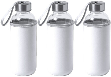 6x Stuks glazen waterfles/drinkfles met witte softshell bescherm hoes 420 ml