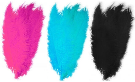 6x stuks grote veer/struisvogelveren 2x zwart 2x blauw en 2x roze van 50 cm