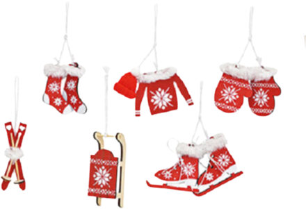 6x stuks houten kersthangers rood/wit wintersport thema kerstboomversiering