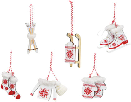 6x stuks houten kersthangers wit/rood wintersport thema kerstboomversiering - Kersthangers