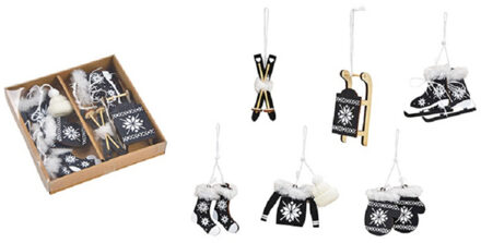 6x stuks houten kersthangers zwart wintersport thema kerstboomversiering - Kersthangers