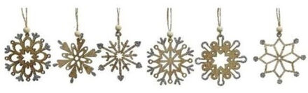 6x stuks houten sneeuwvlokken hangers - Kersthangers Bruin