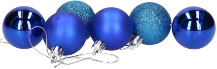 6x stuks kerstballen blauw mix van mat/glans/glitter kunststof 4 cm - Kerstbal