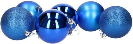 6x stuks kerstballen blauw mix van mat/glans/glitter kunststof 8 cm - Kerstbal