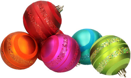 6x stuks kerstballen gekleurd met glitter rand 8 cm - Kerstbal Multikleur