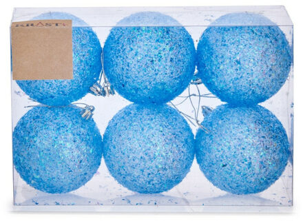 6x stuks kerstballen helder blauw glitter kunststof 8 cm