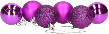 6x stuks kerstballen paars mix van mat/glans/glitter kunststof 4 cm - Kerstbal