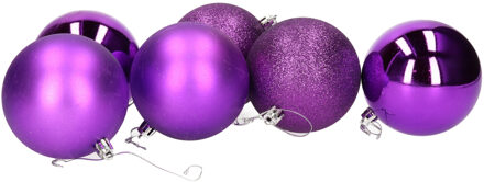 6x stuks kerstballen paars mix van mat/glans/glitter kunststof 8 cm - Kerstbal