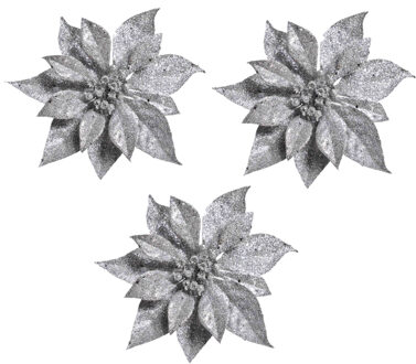 6x stuks Kerstversieringen kerststerren bloemen zilver op clip - Kersthangers Zilverkleurig