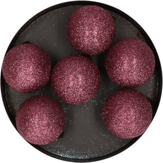 6x stuks kunststof glitter kerstballen aubergine roze 6 cm - Kerstbal