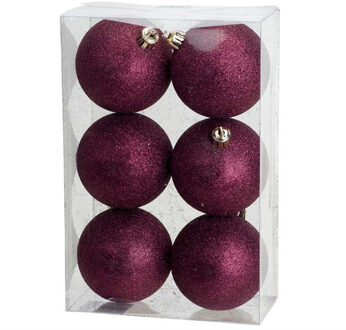 6x stuks kunststof glitter kerstballen aubergine roze 8 cm - Kerstbal