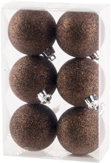 6x stuks kunststof glitter kerstballen donkerbruin 6 cm - Kerstbal