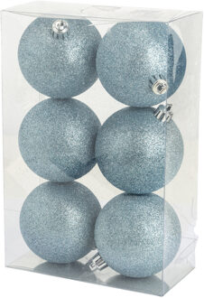 6x stuks kunststof glitter kerstballen ijsblauw 8 cm - Kerstbal