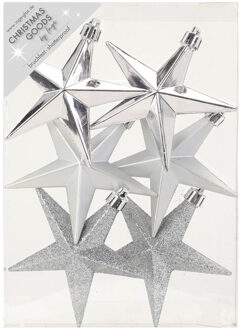 6x stuks kunststof kersthangers sterren zilver 10 cm kerstornamenten - Kersthangers Zilverkleurig