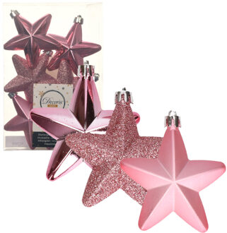 6x stuks kunststof sterren kersthangers lippenstift roze 7 cm - Kersthangers