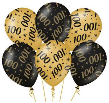 6x stuks leeftijd verjaardag feest ballonnen 100 jaar geworden zwart/goud 30 cm - Ballonnen Multikleur