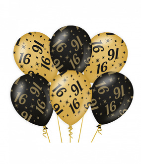 6x stuks leeftijd verjaardag feest ballonnen 16 jaar geworden zwart/goud 30 cm - Ballonnen Multikleur