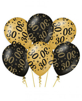 6x stuks leeftijd verjaardag feest ballonnen 30 jaar geworden zwart/goud 30 cm - Ballonnen Multikleur