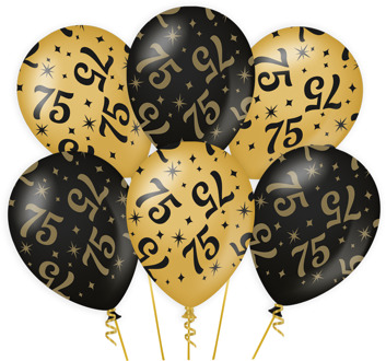 6x stuks leeftijd verjaardag feest ballonnen 75 jaar geworden zwart/goud 30 cm - Ballonnen Multikleur