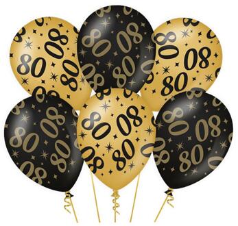 6x stuks leeftijd verjaardag feest ballonnen 80 jaar geworden zwart/goud 30 cm - Ballonnen Multikleur