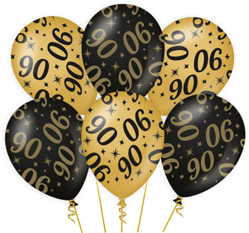 6x stuks leeftijd verjaardag feest ballonnen 90 jaar geworden zwart/goud 30 cm - Ballonnen Multikleur
