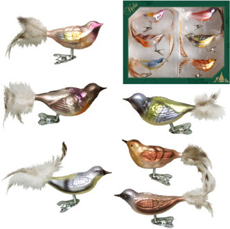 6x stuks luxe glazen decoratie vogels op clip diverse kleuren 11 cm Multi