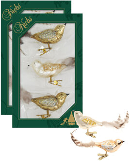 6x stuks luxe glazen decoratie vogels op clip natural velvet 11 cm