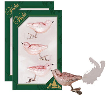 6x stuks luxe glazen decoratie vogels op clip velvet roze 11 cm