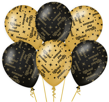 6x stuks luxe pensioen feest/party ballonnen - goud/zwart - latex - ca 30 cm - Ballonnen Multikleur