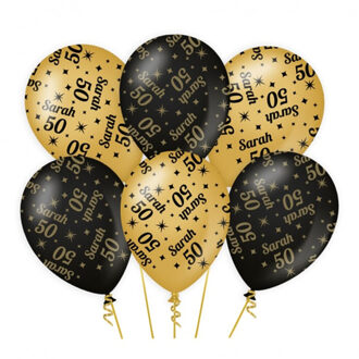 6x stuks luxe Sarah/50 jaar feest ballonnen - goud/zwart - latex - ca 30 cm - Ballonnen Multikleur