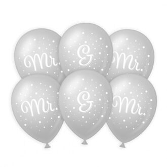 6x stuks Mr. & Mr. huwelijks feest ballonnen - zilver/wit - latex - ca 30 cm - Ballonnen Multikleur