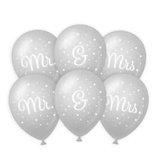 6x stuks Mr. & Mrs huwelijks feest ballonnen - zilver/wit - latex - ca 30 cm - Ballonnen Multikleur