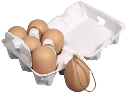 6x stuks plastic bruine paas eieren met hangers 6 cm