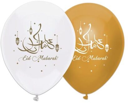 6x Stuks Ramadan Mubarak Thema Ballonnen Wit/goud 30 Cm - Suikerfeest/offerfeest Versieringen/decoraties