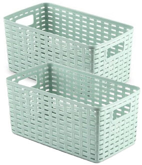 6x stuks rotan gevlochten opbergmand/opbergbox kunststof - Mintgroen - 15 x 28 x 13 cm